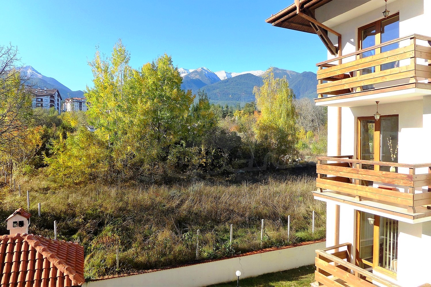 outside, view from balcony, mountain, facade
