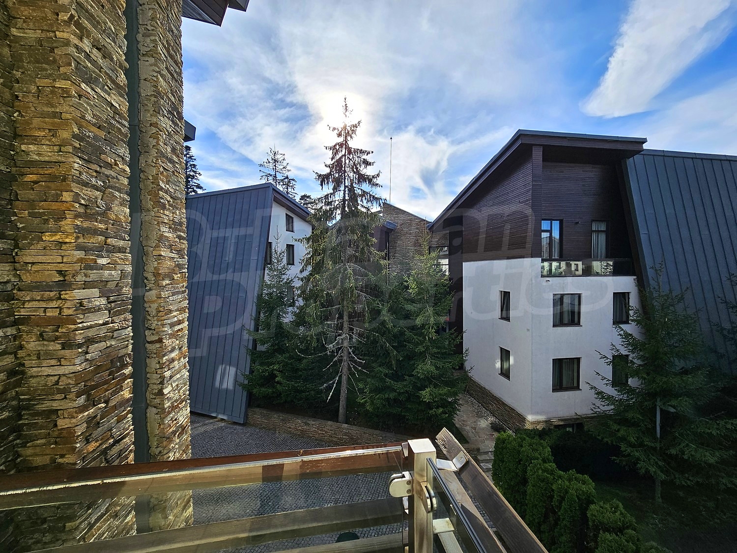 balcony, outside, view from balcony, facade, green area