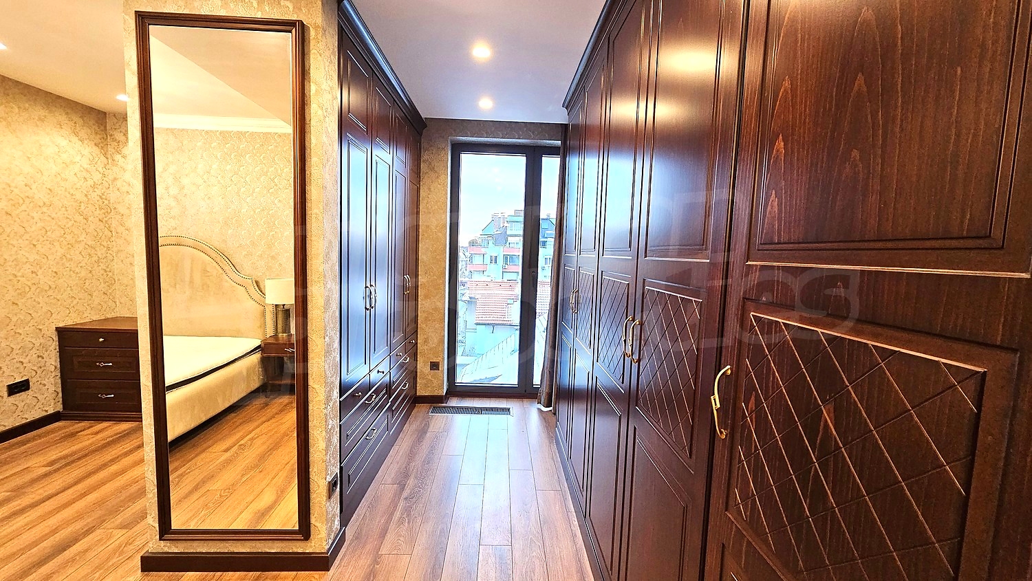 inside, bedroom, view from balcony, furnished