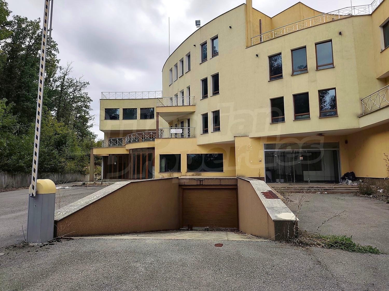 facade, outside, parking, green area