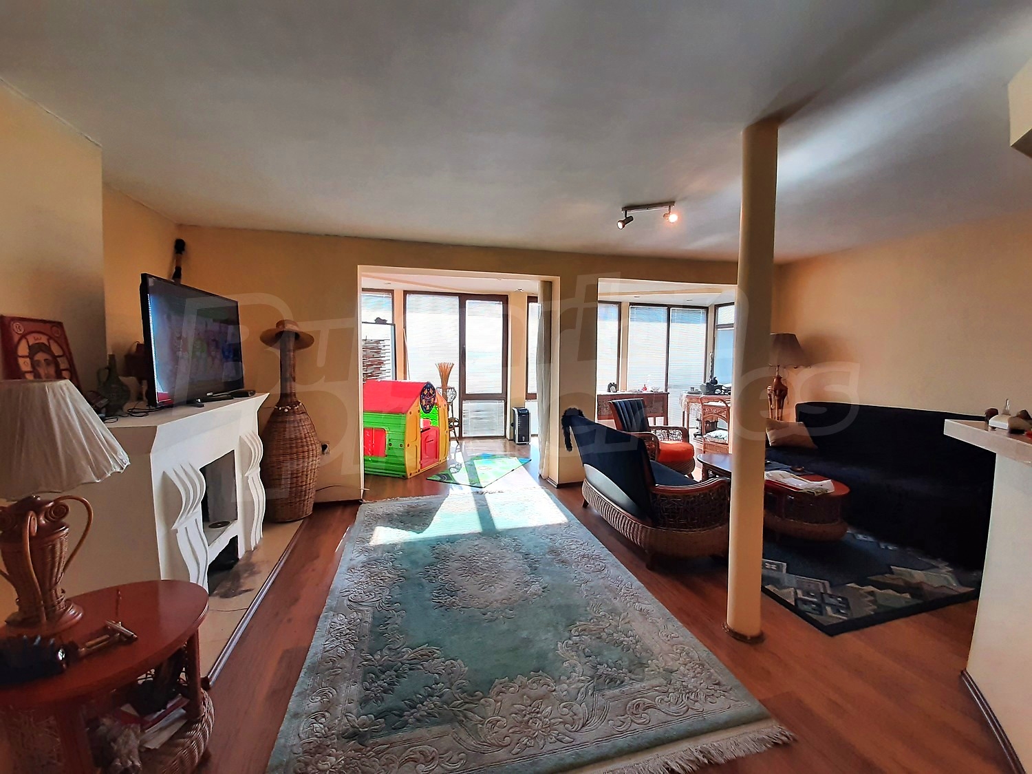 inside, living room, furnished, view from balcony