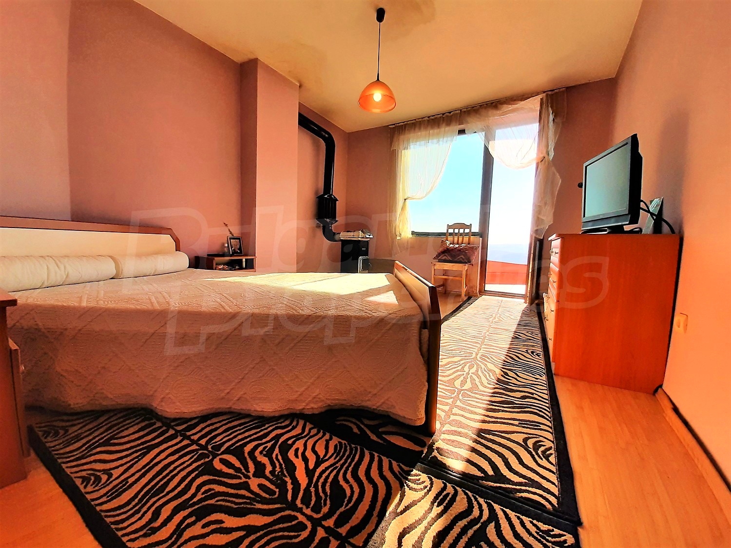 inside, bedroom, furnished, view from balcony