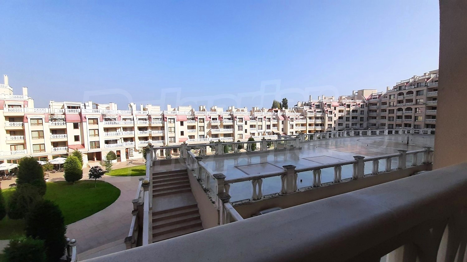 view from balcony, outside, facade, garden