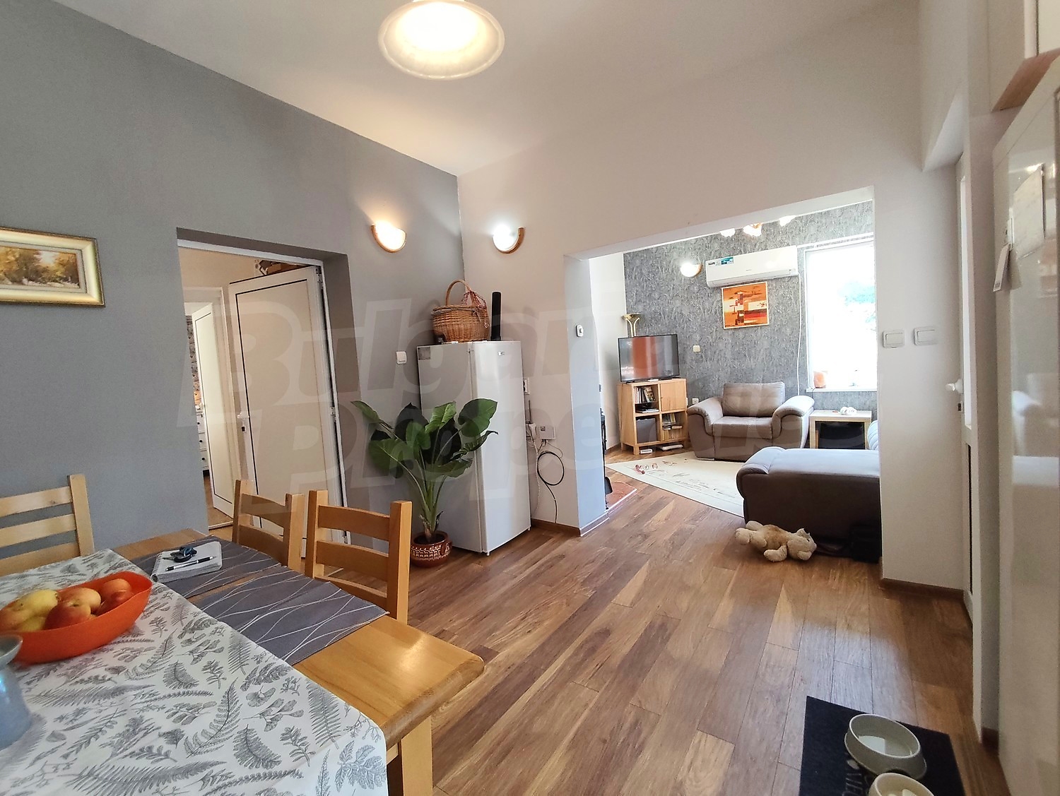 inside, kitchen, living room, furnished