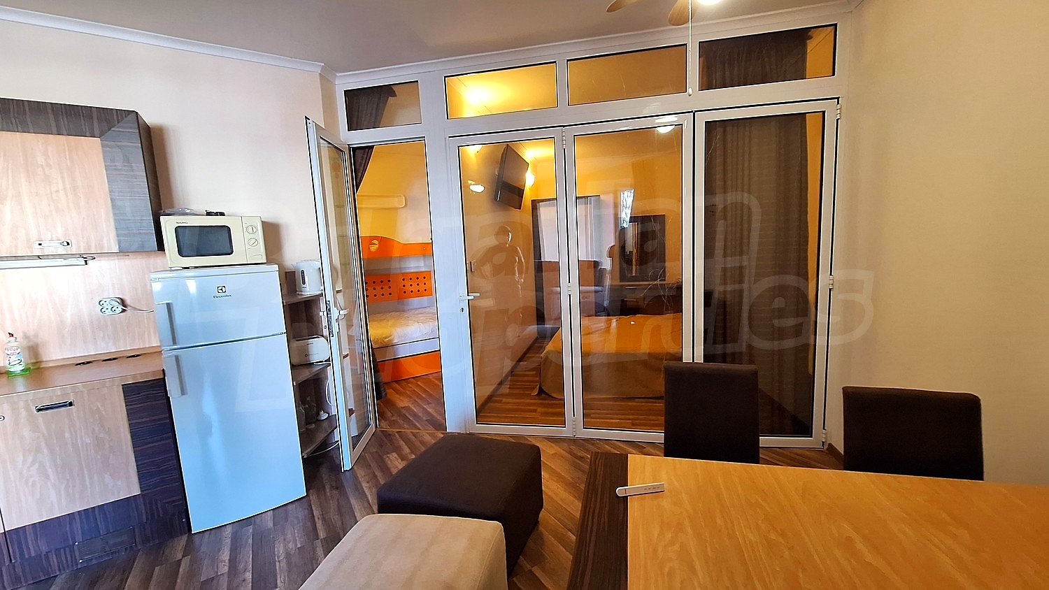 inside, kitchen, living room, furnished