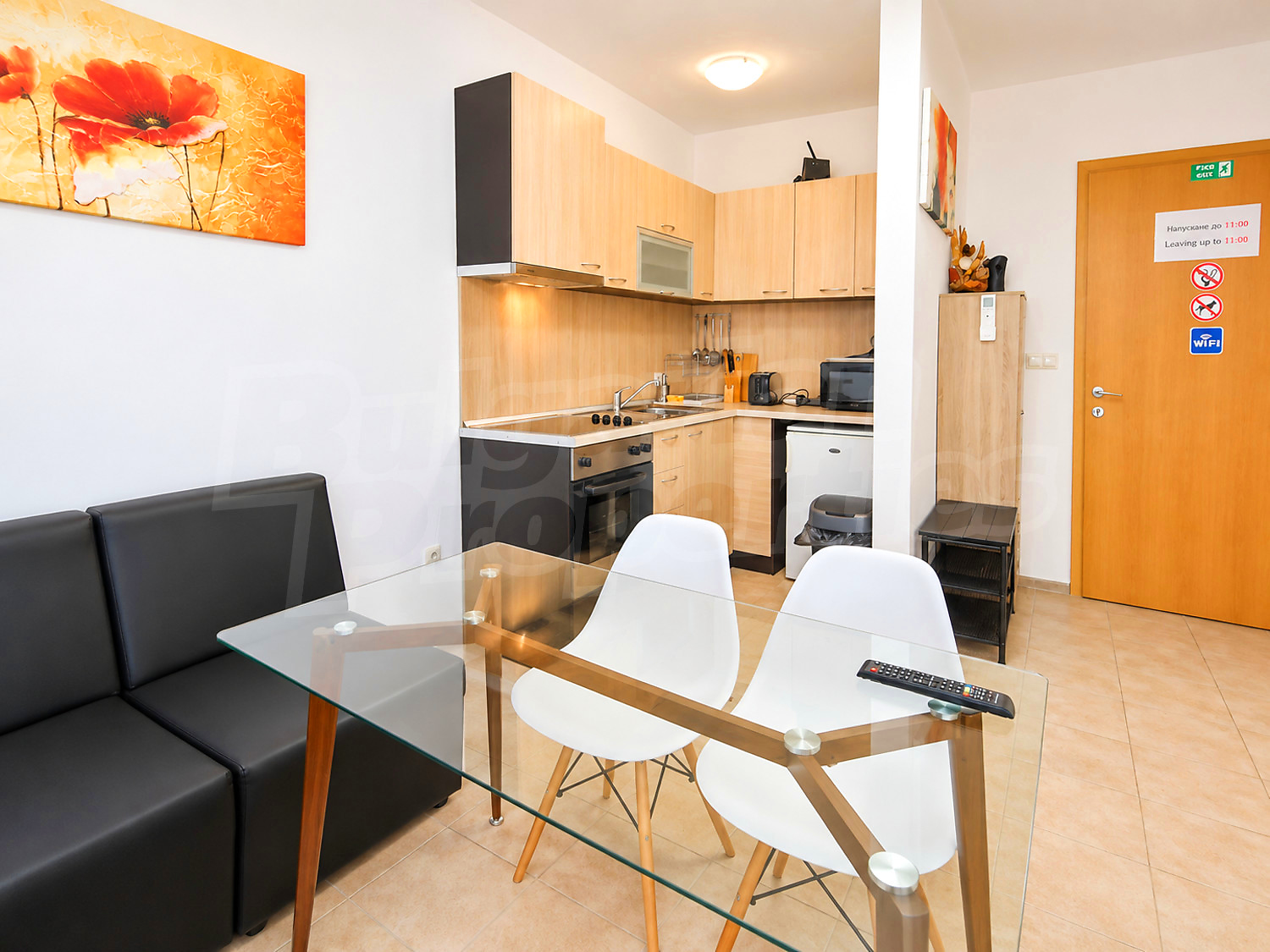 inside, kitchen, living room, furnished