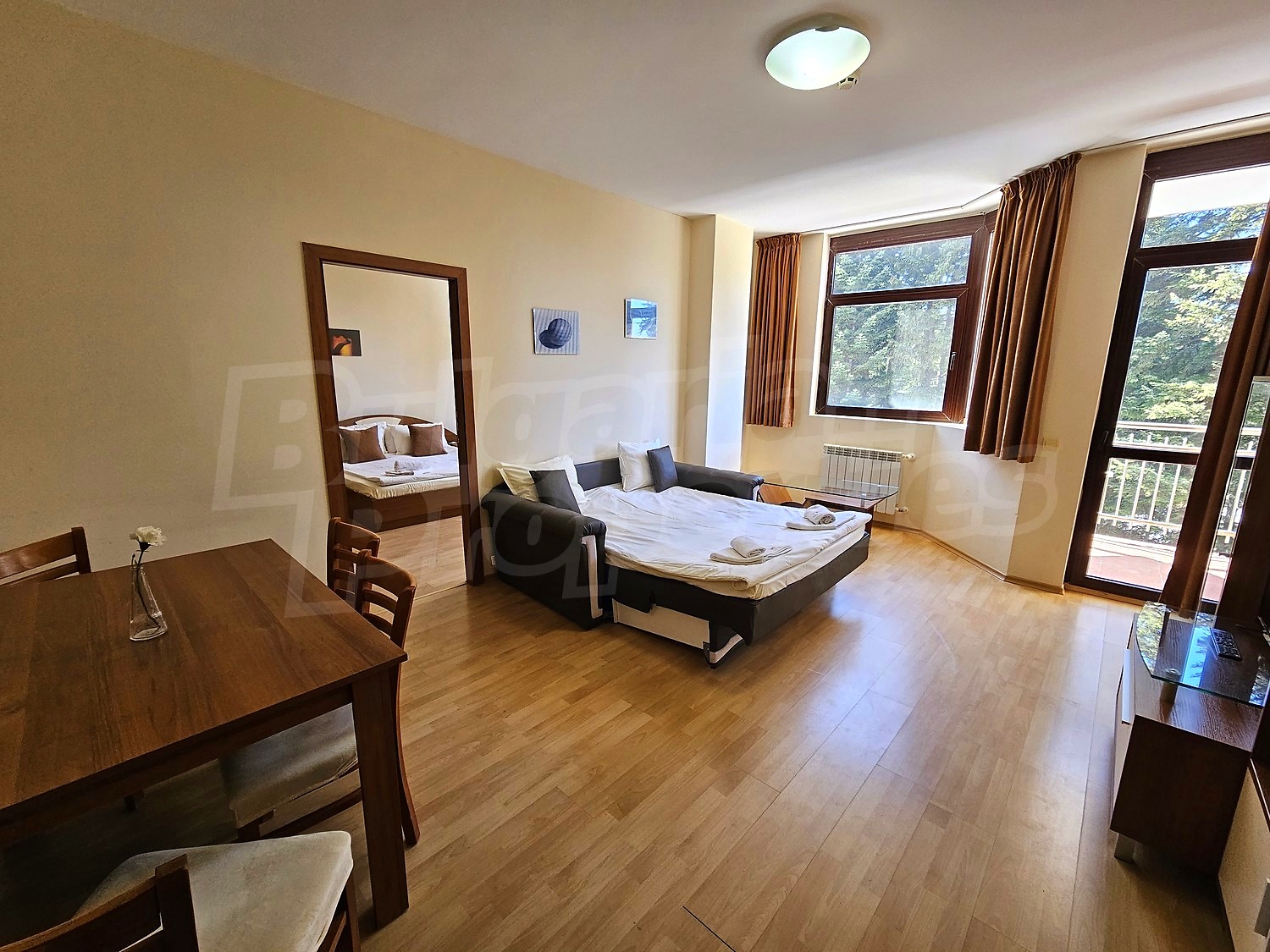 inside, living room, bedroom, balcony, furnished