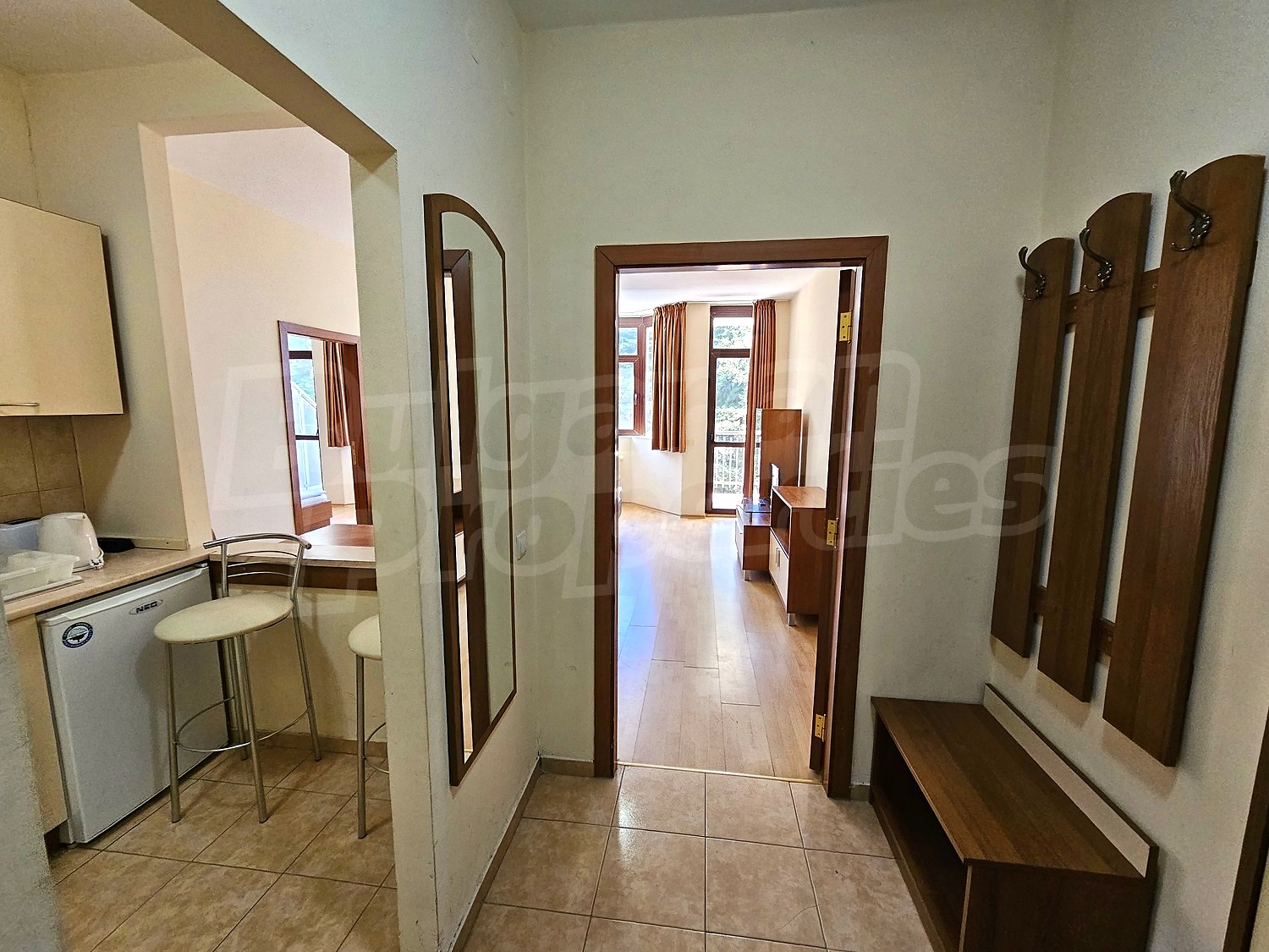 inside, kitchen, living room, furnished