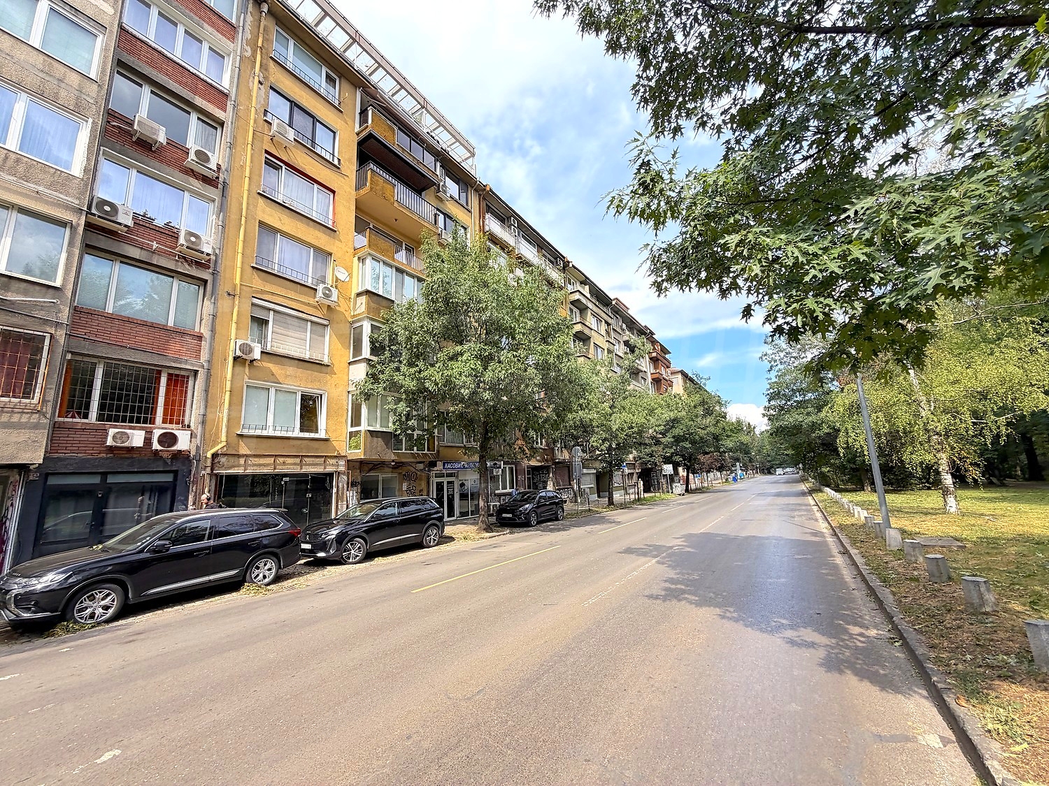 facade, outside, parking, green area