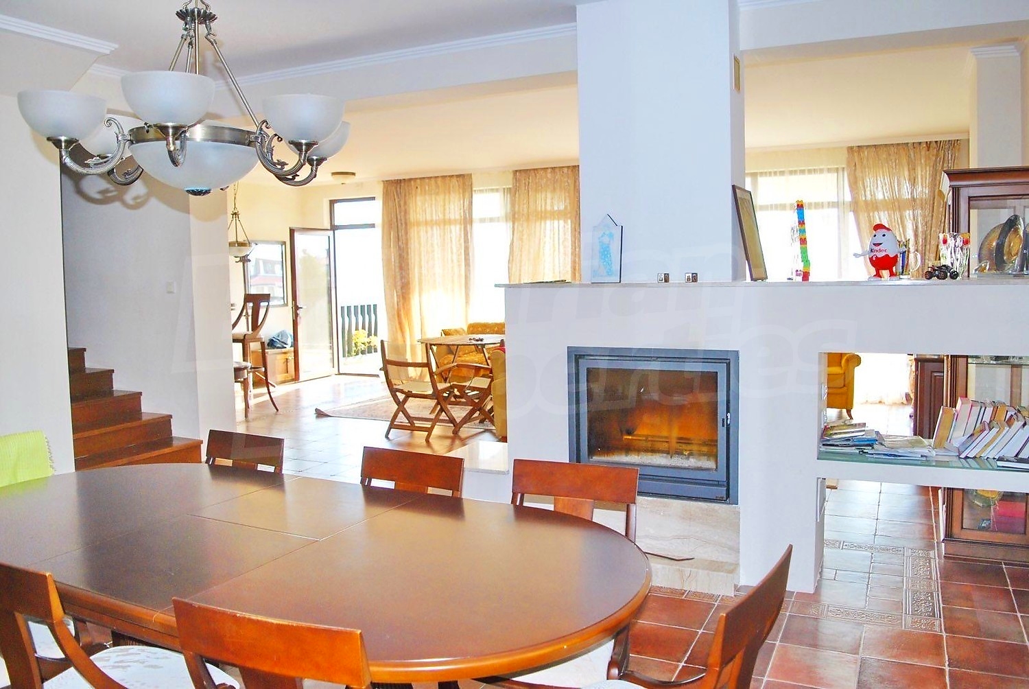 inside, living room, dining room, fireplace, furnished