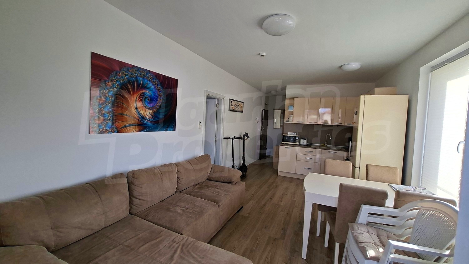 inside, kitchen, living room, furnished