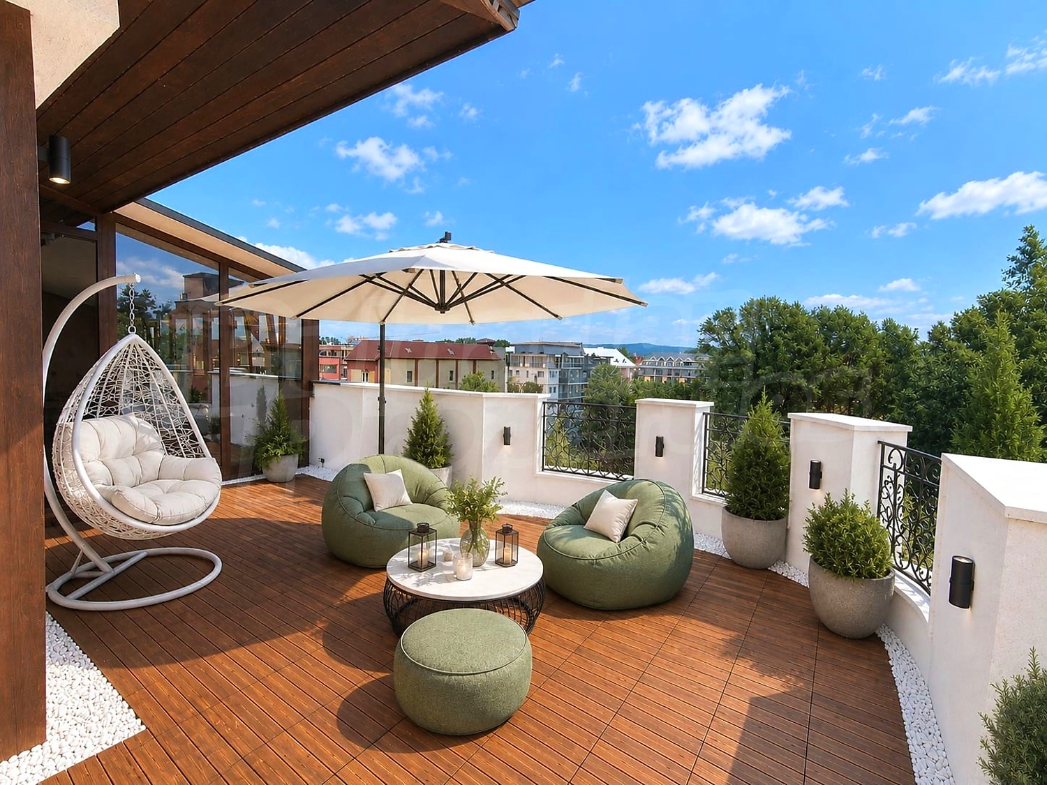 balcony, outside, view from balcony, furnished