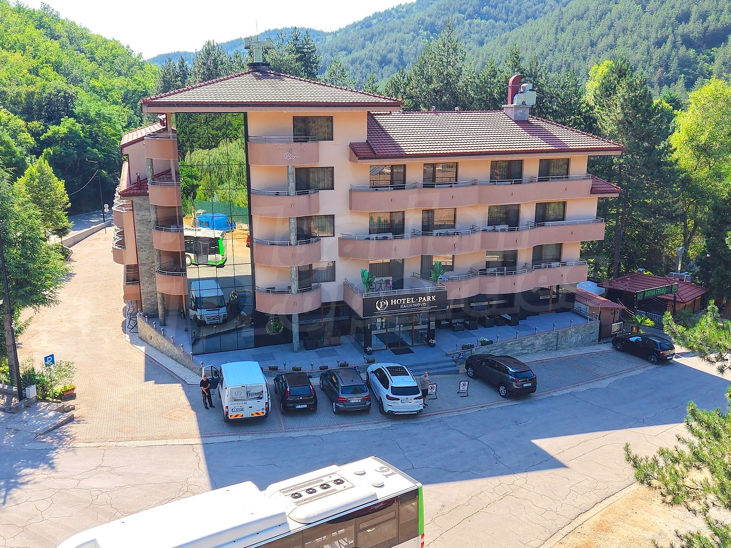 facade, parking, outside, green area