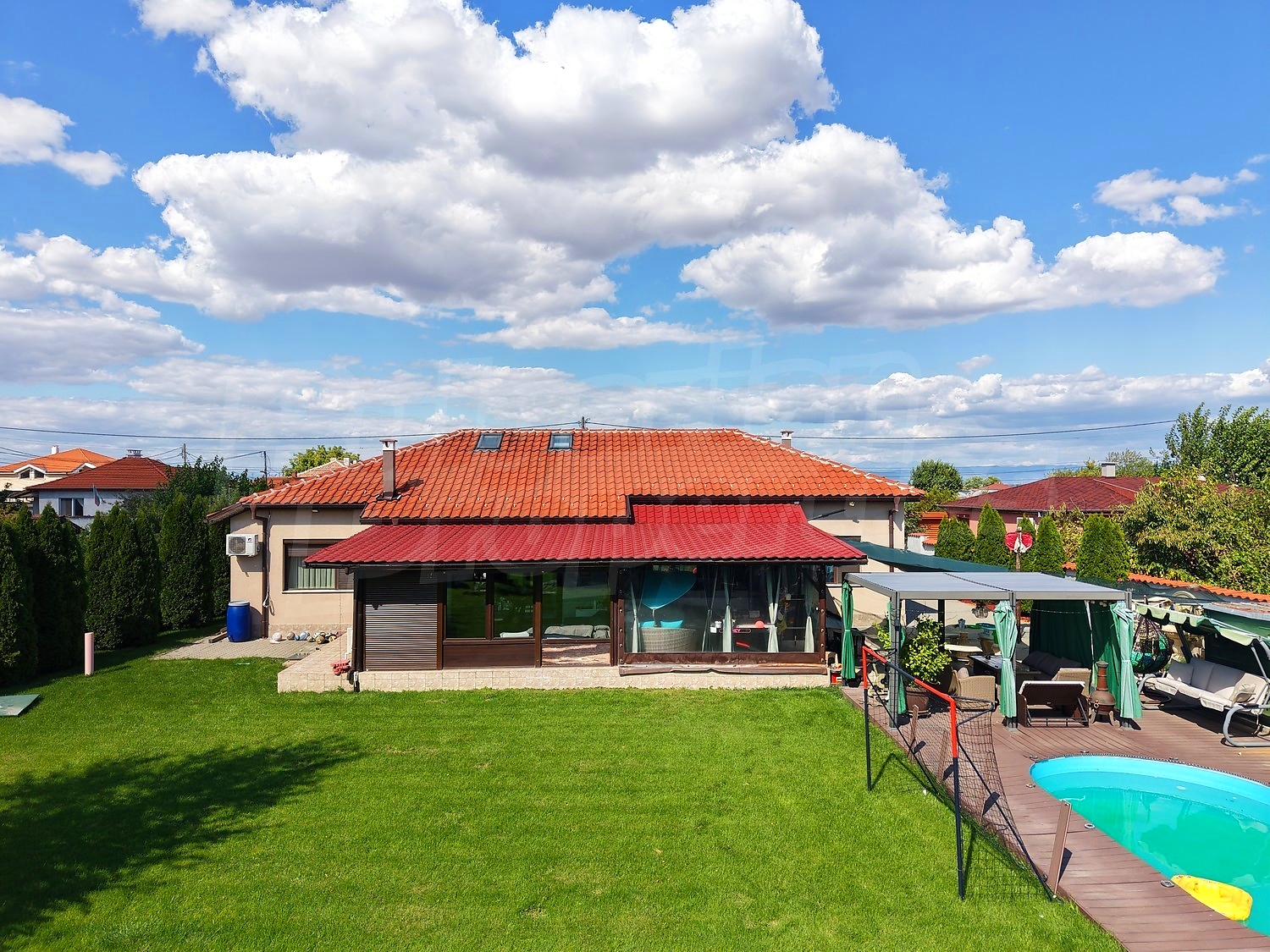garden, pool, green area, facade