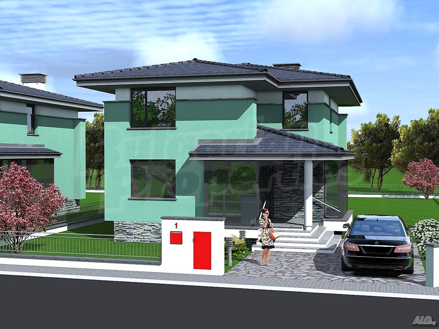outside, facade, garden, parking, green area