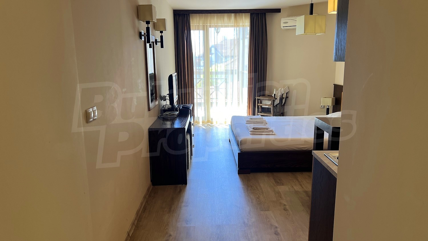 inside, bedroom, furnished, view from balcony