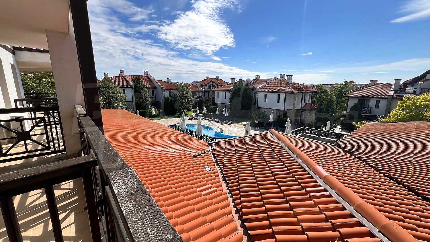 balcony, view from balcony, outside, pool