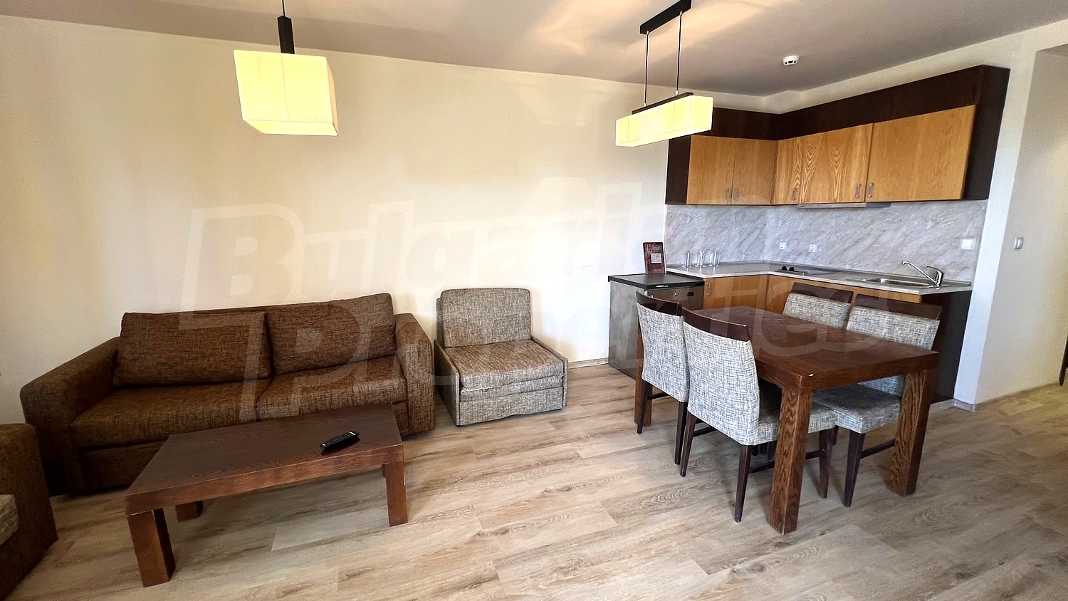 inside, kitchen, living room, furnished