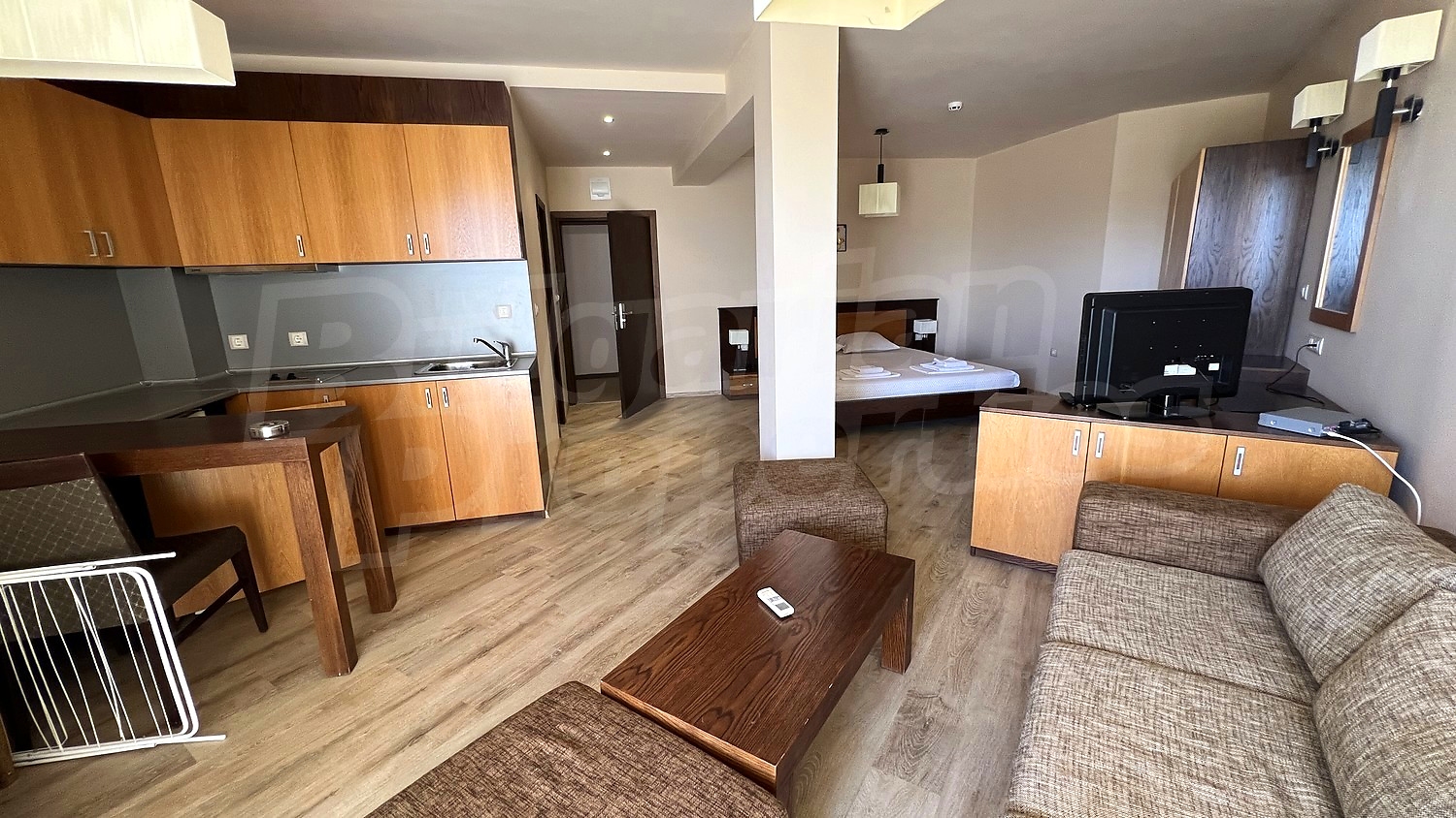 inside, kitchen, living room, bedroom, furnished