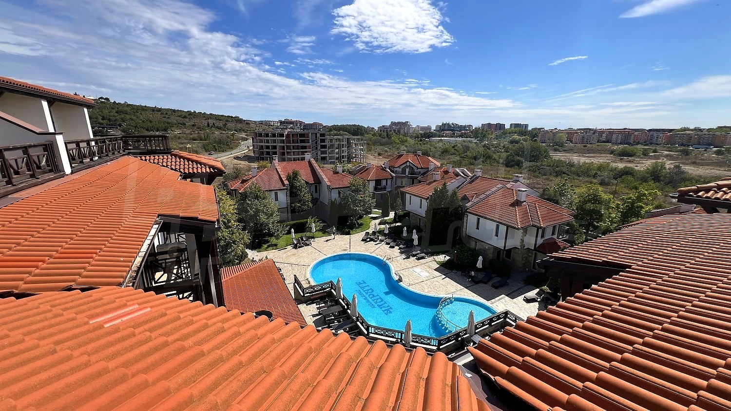 outside, view from balcony, pool
