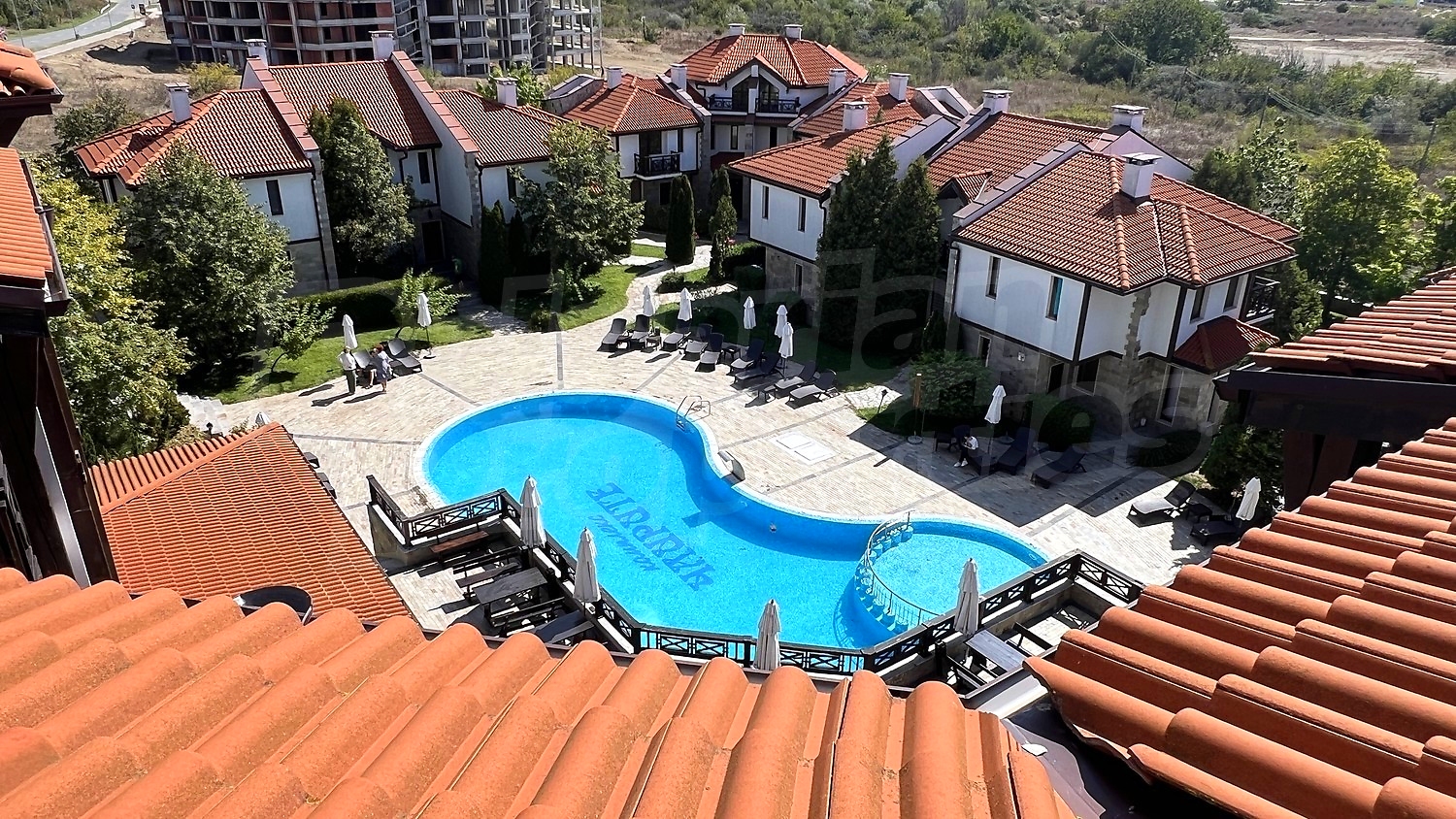outside, pool, view from balcony, garden