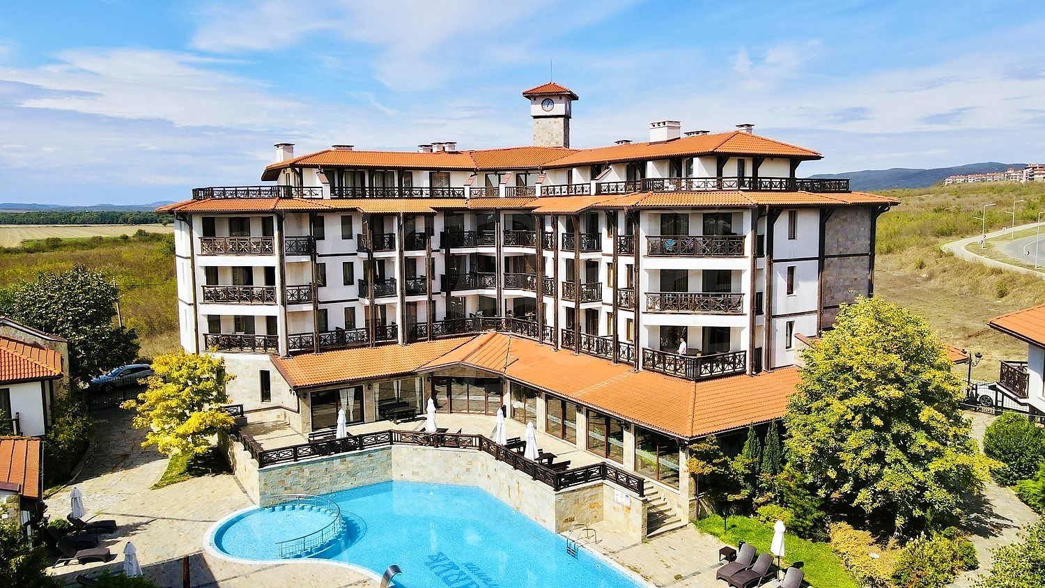 outside, pool, facade, green area