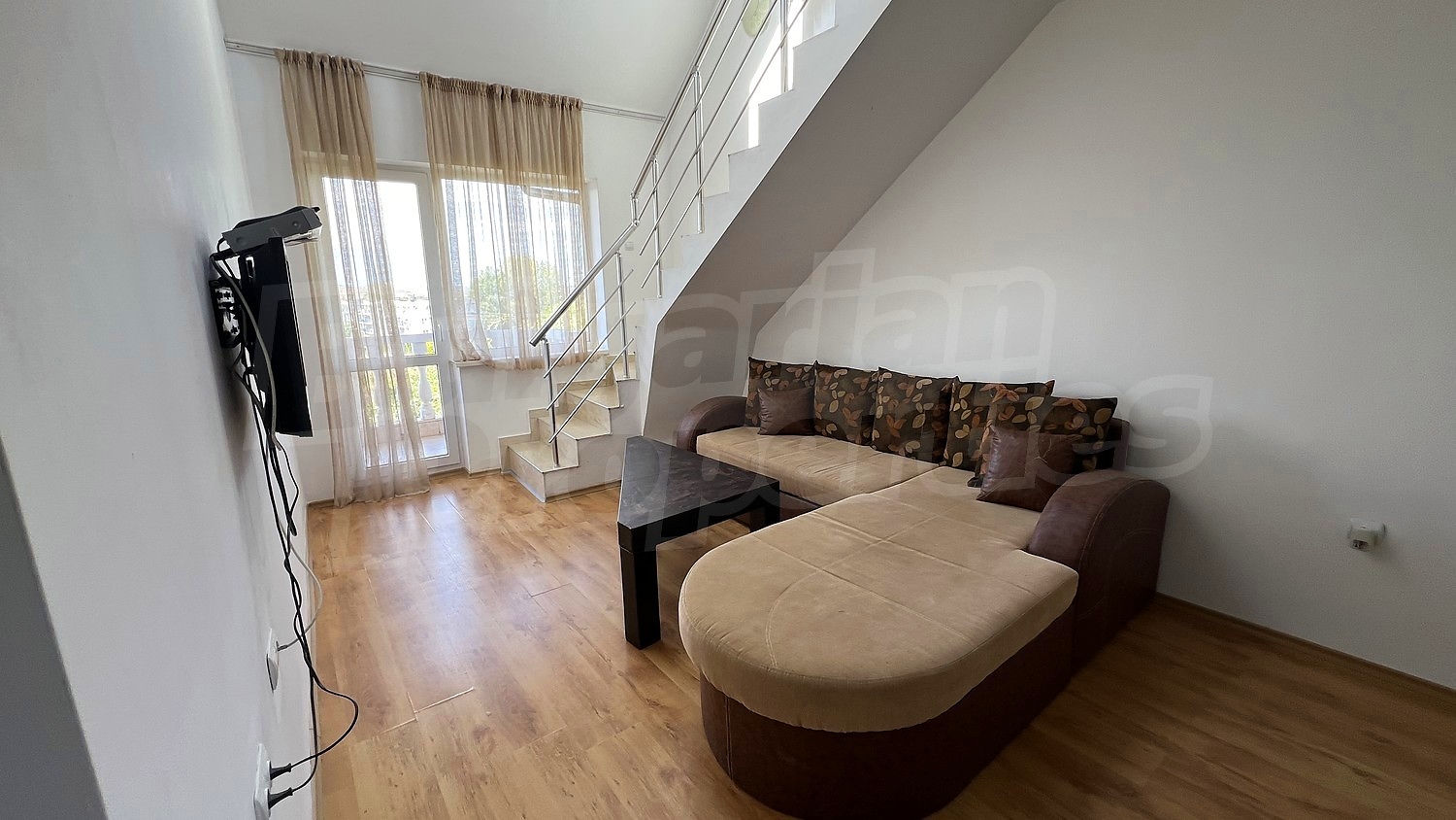 inside, living room, stairs, furnished