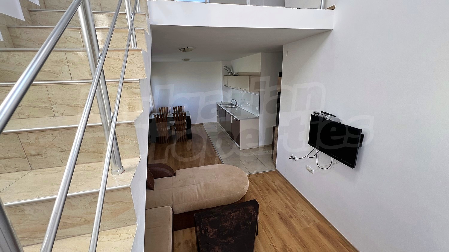 inside, living room, kitchen, stairs, furnished