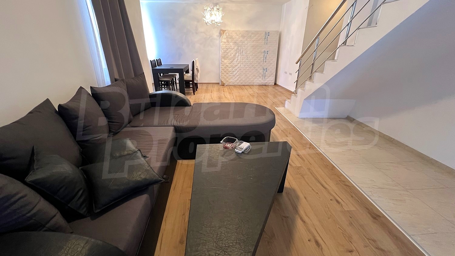 inside, living room, stairs, furnished