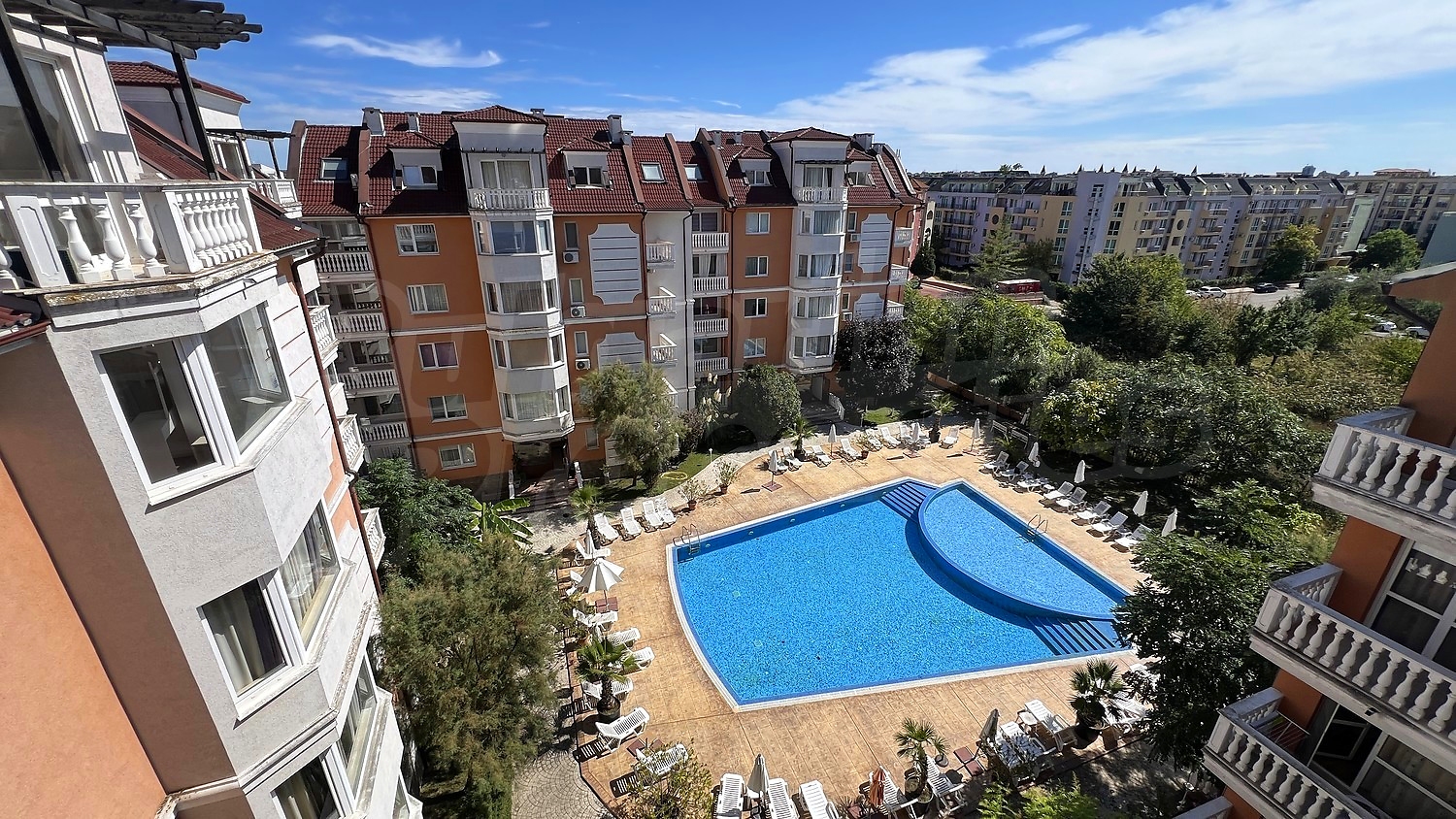 outside, pool, green area, facade