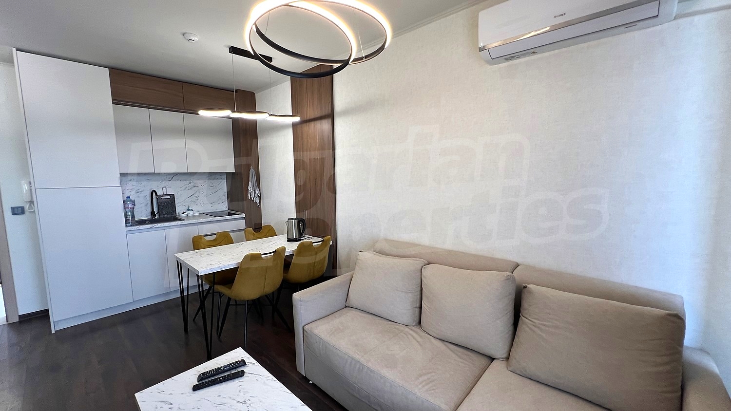 inside, kitchen, living room, furnished