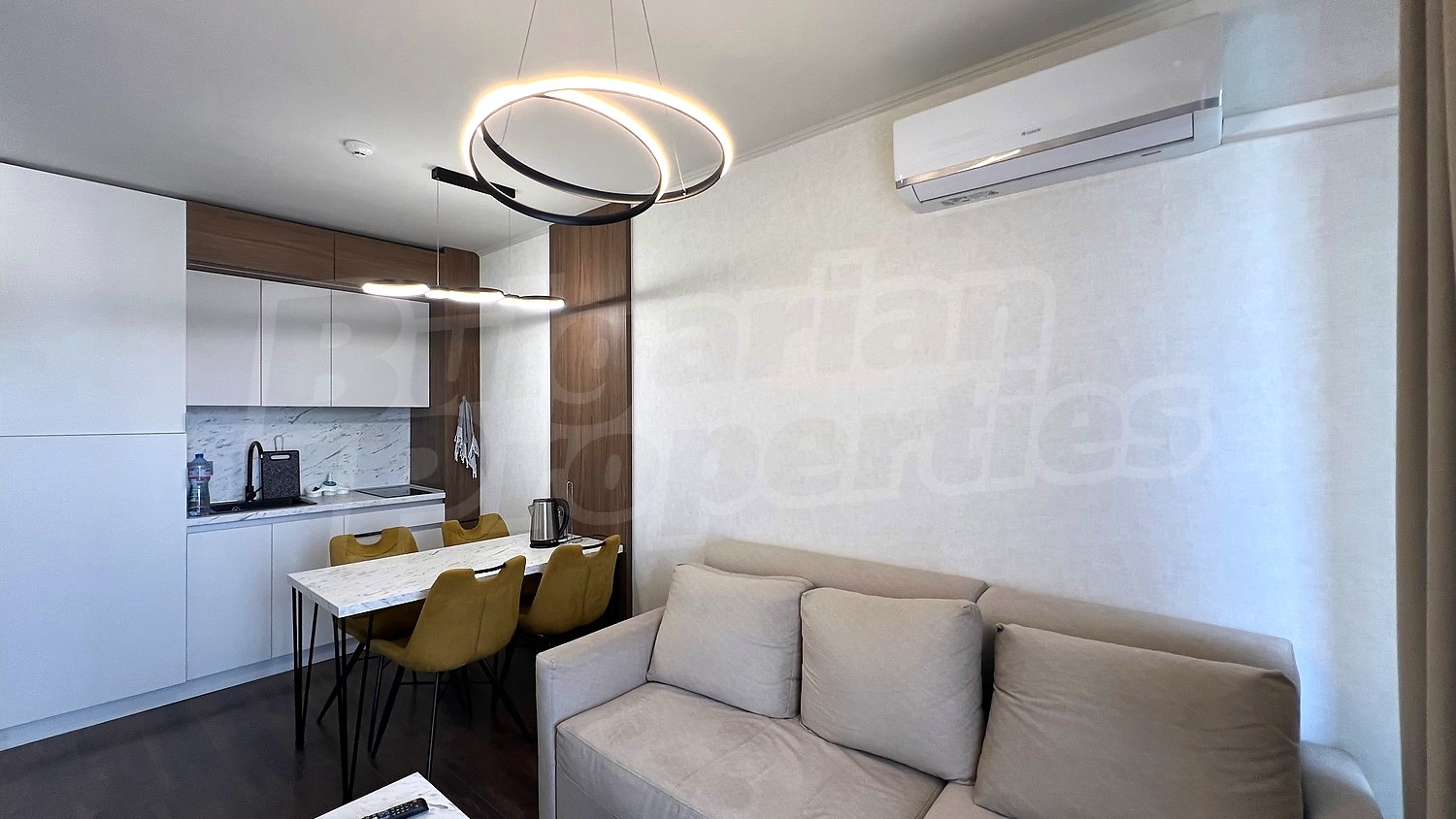 inside, kitchen, living room, furnished