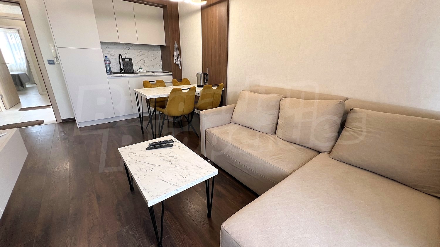 inside, kitchen, living room, furnished