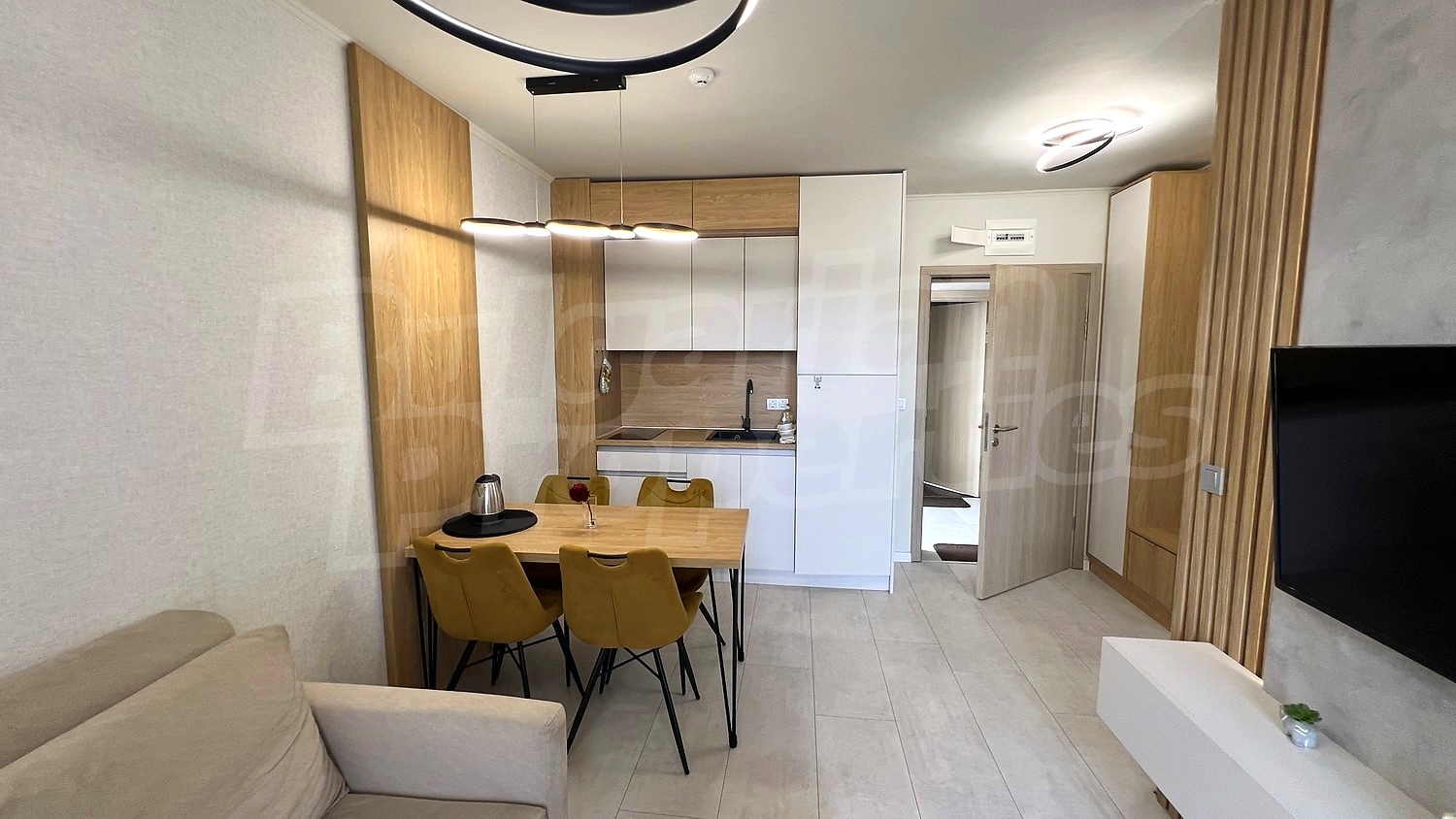 inside, kitchen, living room, furnished