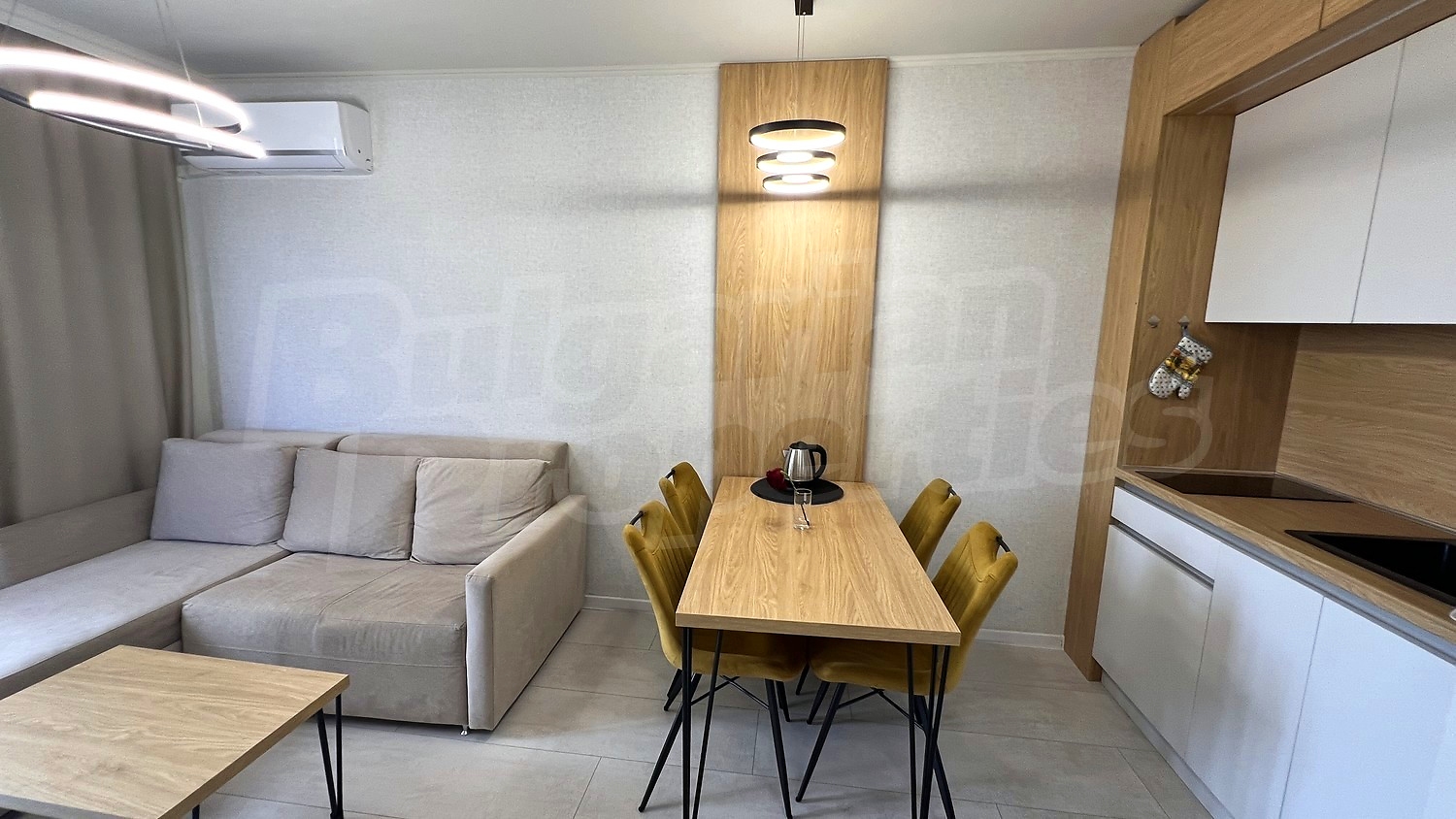 inside, kitchen, living room, furnished