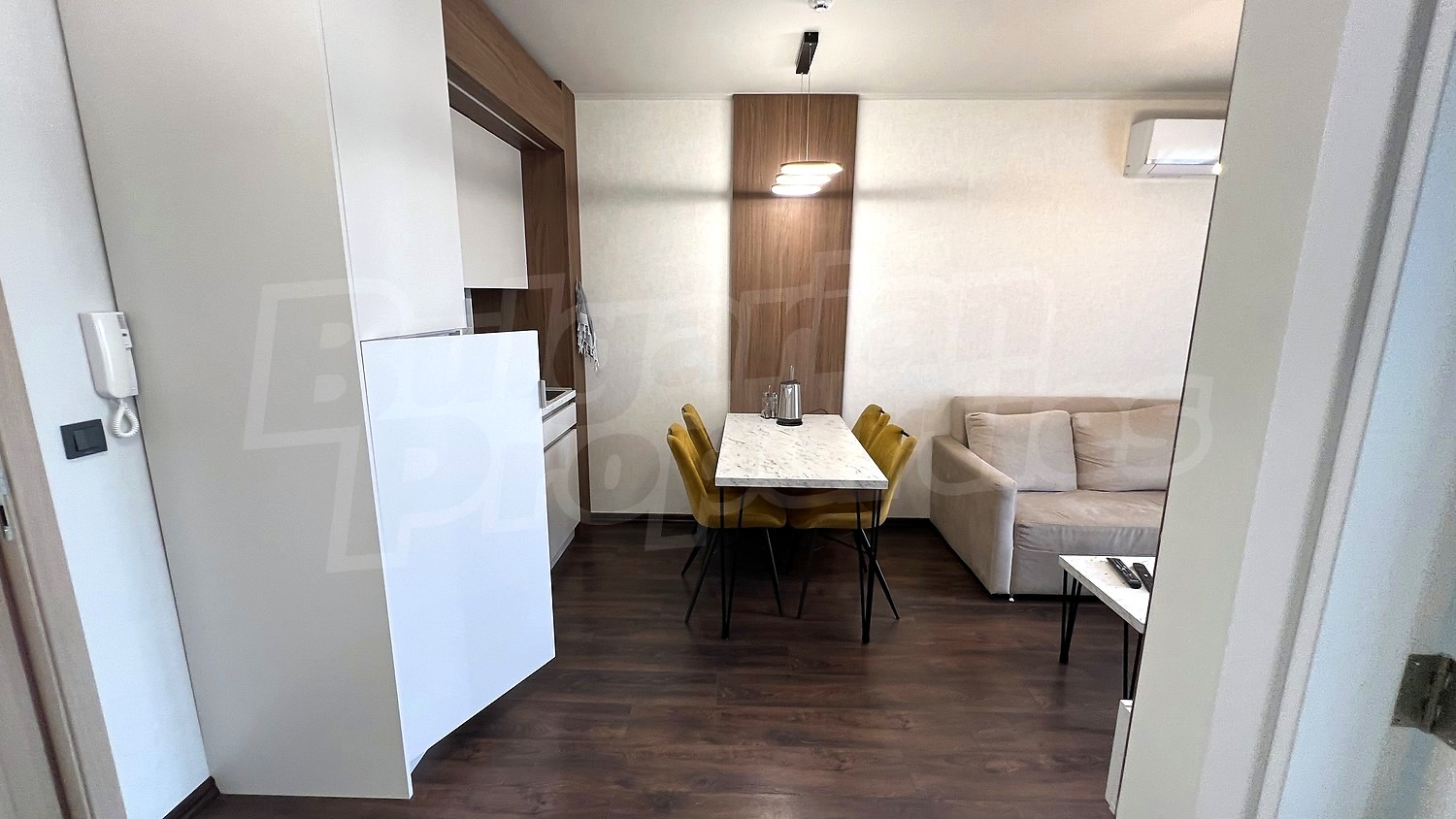 inside, kitchen, living room, furnished