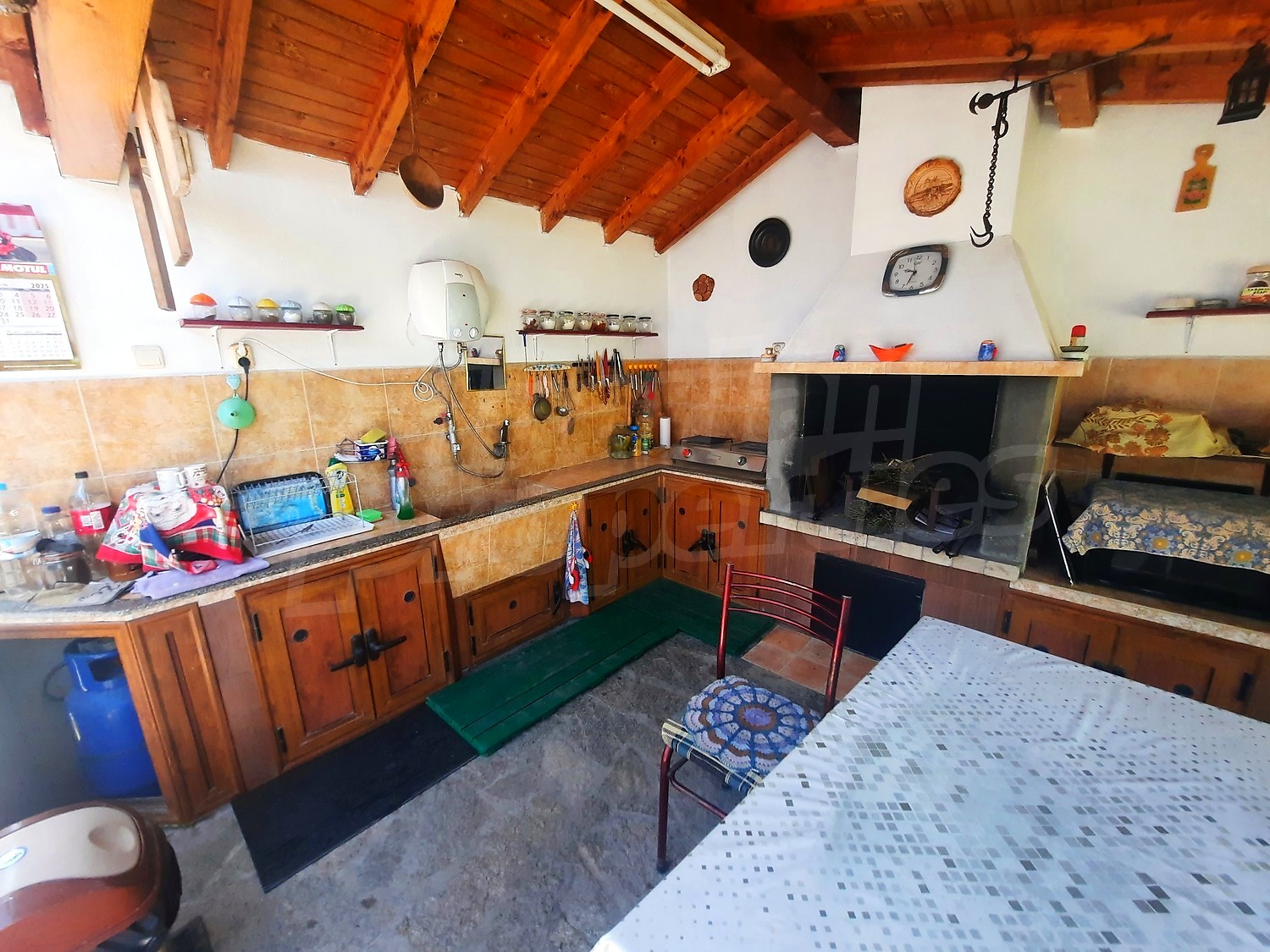 inside, kitchen, fireplace, furnished