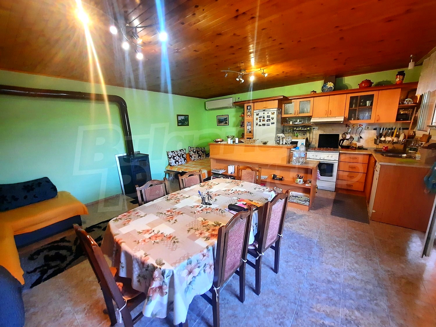 inside, kitchen, living room, furnished