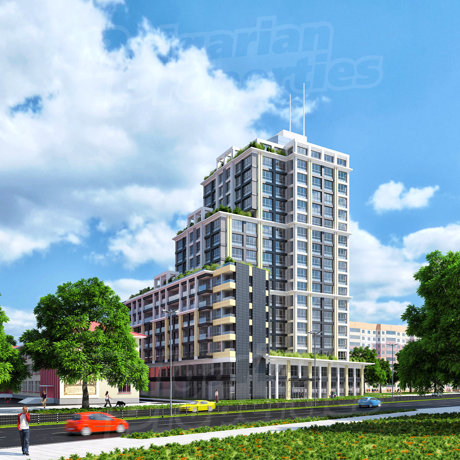 facade, outside, green area