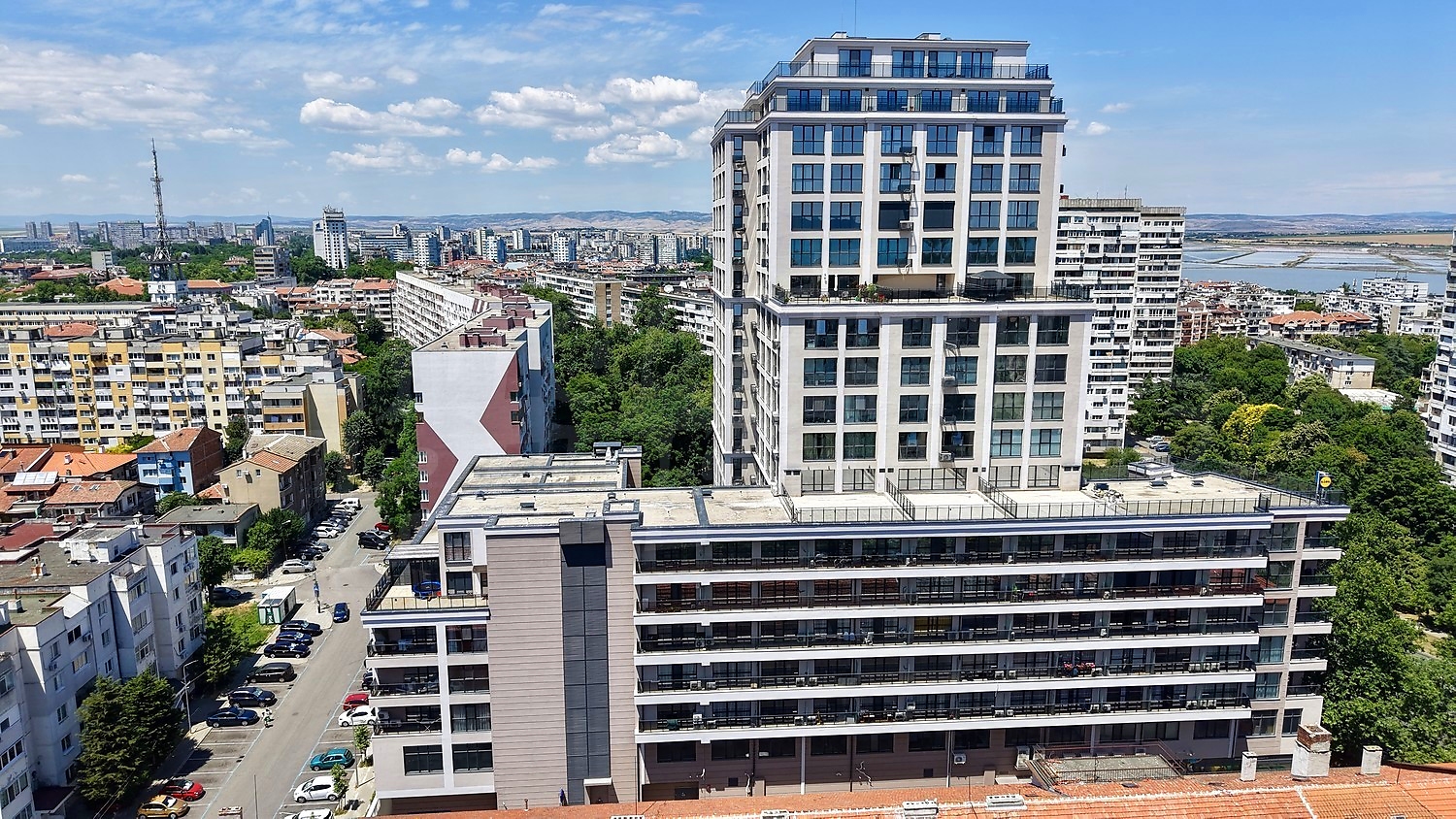 outside, facade, view from balcony, mountain, green area