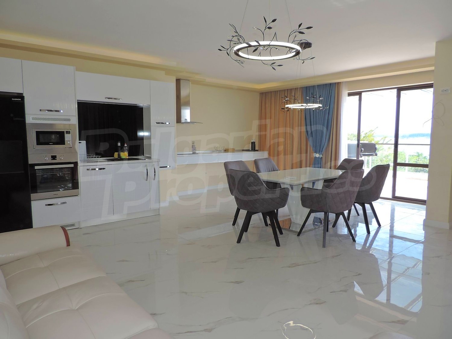 inside, kitchen, living room, furnished