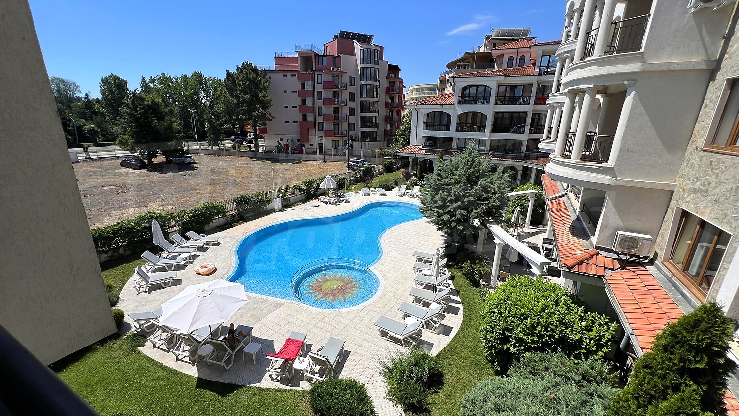 outside, pool, view from balcony, garden