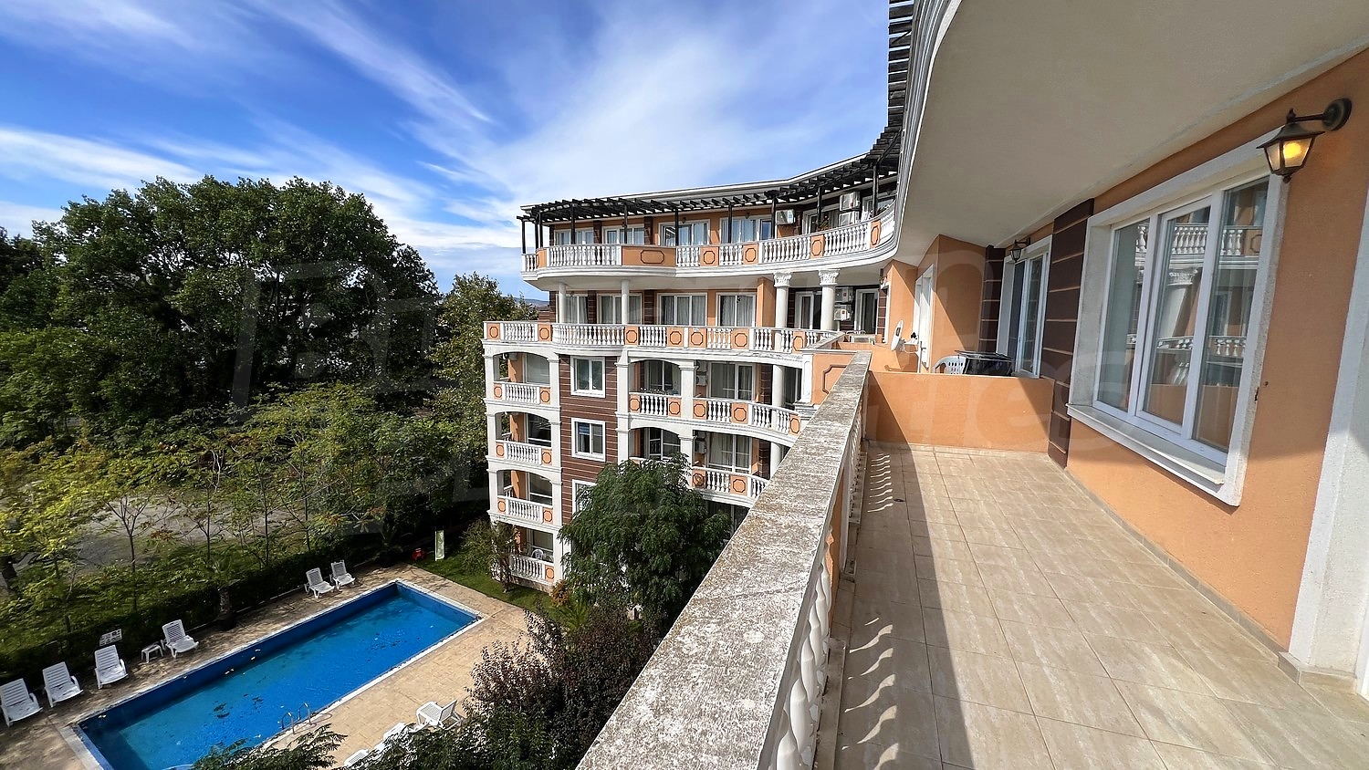 balcony, view from balcony, pool, outside