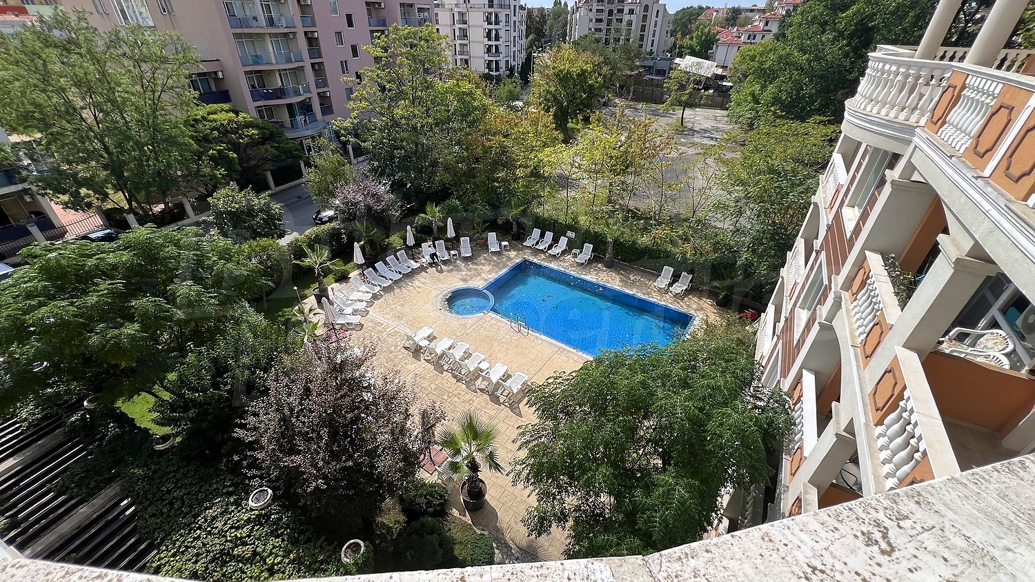 outside, pool, garden, view from balcony, facade