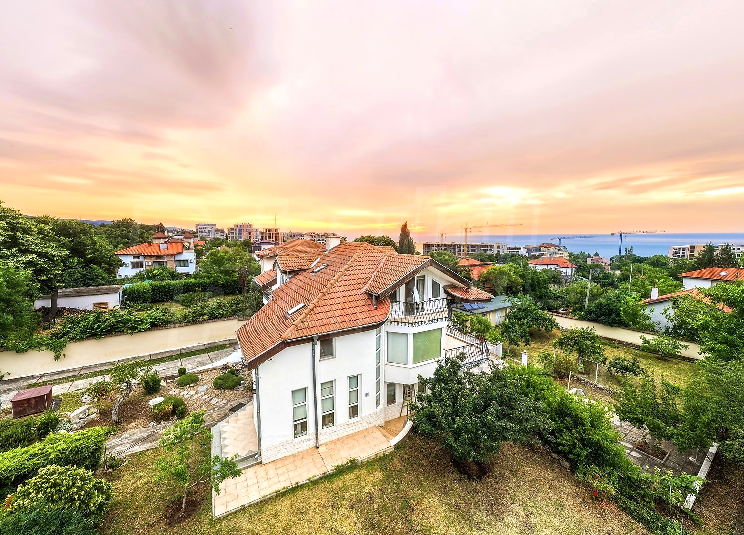 outside, facade, garden, view from balcony, sea, green area