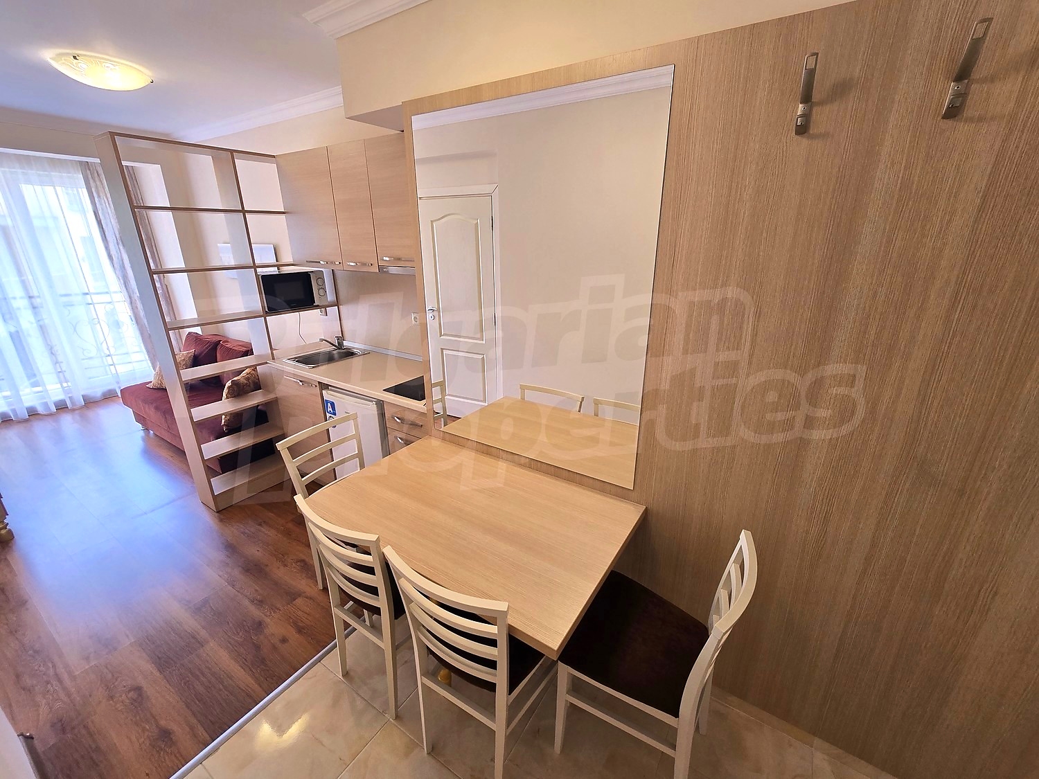 inside, kitchen, living room, furnished
