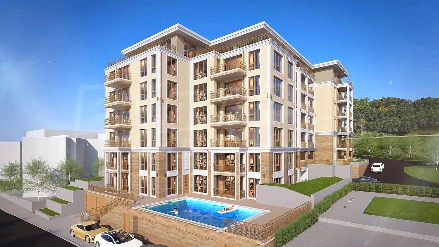 outside, facade, pool, parking, garden, green area