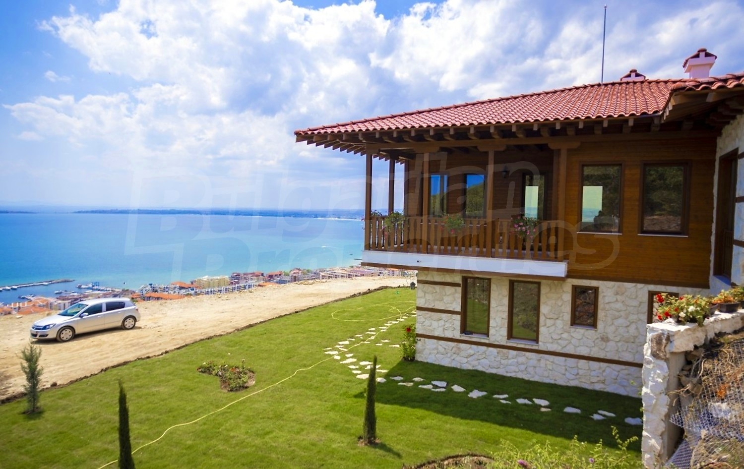 outside, view from balcony, sea, facade, garden, parking