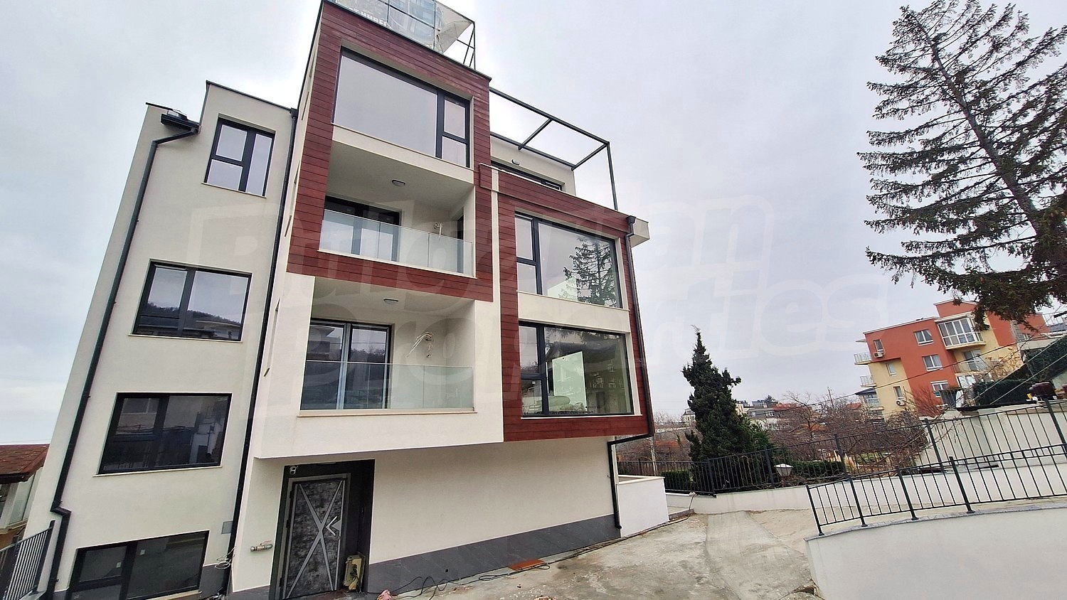 facade, outside, view from balcony, garden