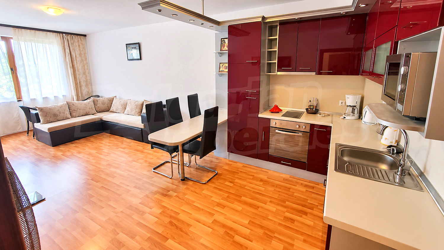 inside, kitchen, living room, furnished